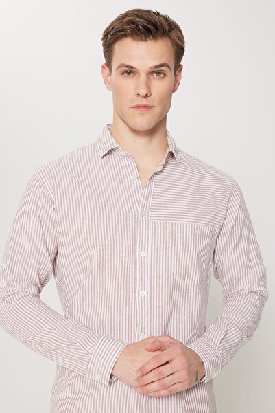 AC&Co / Altınyıldız Classics Ανδρικό πουκάμισο από λινό Comfort Fit - Καφέ-Λευκό ριγέ, Χαλαρή εφαρμογή, Κλασικός γιακάς