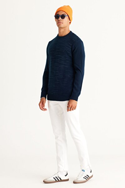 ALTINYILDIZ CLASSICS Pánský pletený svetr v námořnické modři-indigo – výstřih, vzorovaný, standardní střih