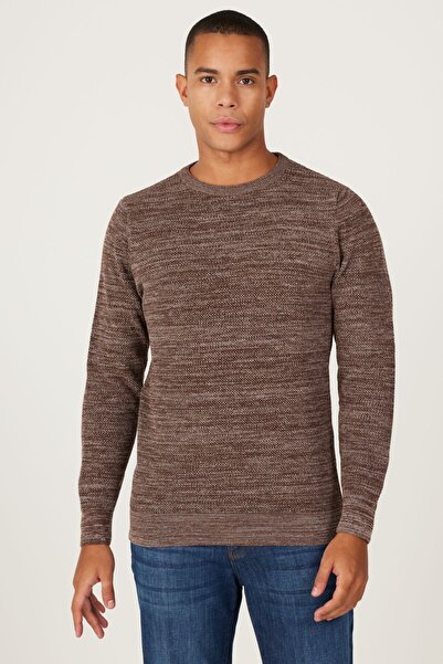 ALTINYILDIZ CLASSICS Ανδρικά πλεκτά με λαιμόκοψη με σχέδιο ρυζιού - Καφέ-Μπεζ, Standard Fit