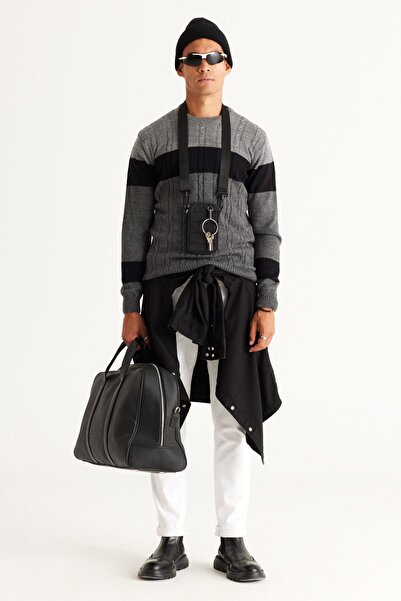 AC&Co / Altınyıldız Classics Pánský šedo-antracitový standardní střih Normální střih Crew Neck Colorblok Vzorovaný pletený svetr