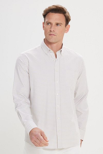ALTINYILDIZ CLASSICS Pánská bílo-béžová Easy-Iron Slim Fit Slim Fit s límečkem Seersucker vzorovaná košile