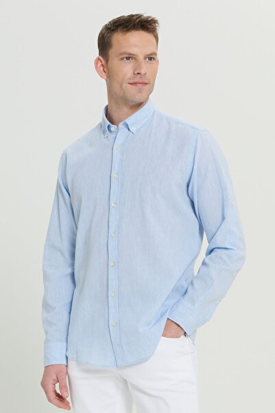 AC&Co / Altınyıldız Classics Světle modrá lněná pohodlná pánská košile s límečkem uvolněného střihu