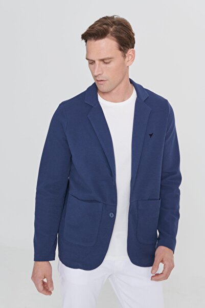 AC&Co / Altınyıldız Classics Férfi sötétkék normál szabású normál szabású ing galléros pamut kötött blézer dzseki
