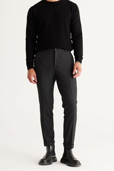 ALTINYILDIZ CLASSICS Men's Anthracite Slim Fit Narrow Cut Tie Waist Patterned Flexible Trousers