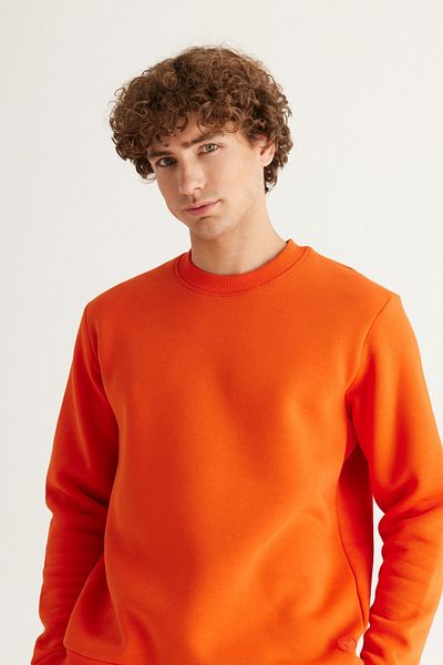 AC&Co / Altınyıldız Classics Men's Orange 3 Thread Crew Neck Fleece Cotton Sweatshirt - Standard Fit