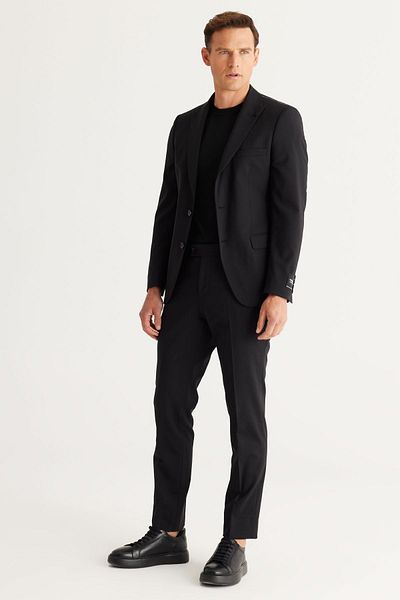 ALTINYILDIZ CLASSICS Men's Black Slim Fit Slim Fit Swallow Collar Cordura Fabric Patterned Wool Suit