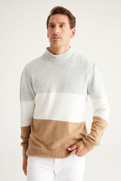 AC&Co / Altınyıldız Classics Pulover pentru bărbați, gri-camel, cu croială standard, cu croială normală, pe jumătate, cu volane, tricotaj cu textura moale