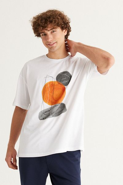AC&Co / Altınyıldız Classics Men's White Oversize Loose Cut Crew Neck 100% Cotton Printed T-Shirt
