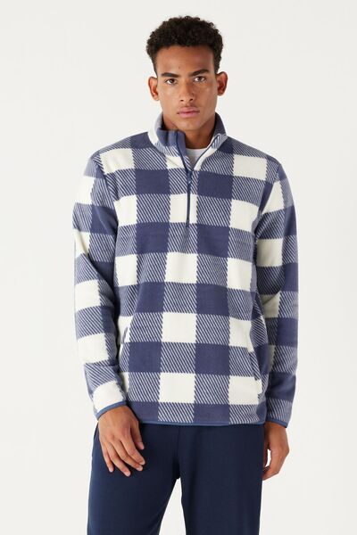 AC&Co / Altınyıldız Classics Erkek Ekru Indıgo Standart Fit Normal Kesim Dik Bato Yaka Polar Sweatshirt