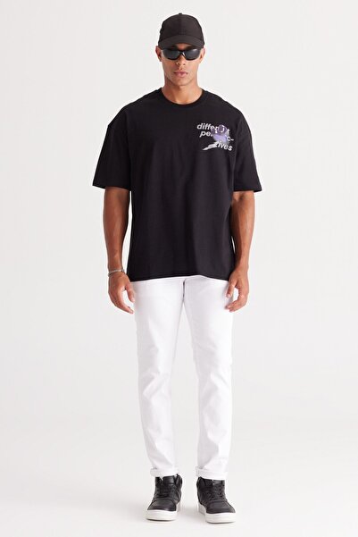 AC&Co / Altınyıldız Classics Ανδρικό μπλουζάκι με εμπριμέ 100% βαμβάκι, μαύρο oversize, χαλαρή λαιμόκοψη