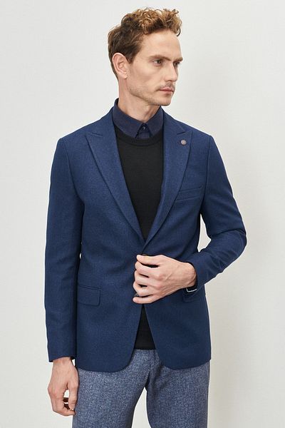 ALTINYILDIZ CLASSICS Ανδρικό μπουφάν μπλέιζερ με μοτίβο μπλε Navy Blue Slim Fit Slim Fit Swallow Collar