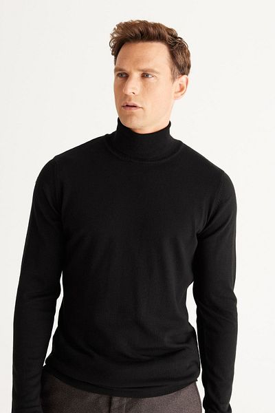 ALTINYILDIZ CLASSICS Schwarzer Herren-Strickpullover mit Standard-Passform und normalem Schnitt und durchgehendem Rollkragen