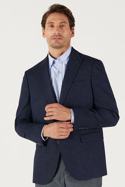 ALTINYILDIZ CLASSICS Pánská bunda Dobby s límečkem v námořnické modré Comfort Fit uvolněného střihu