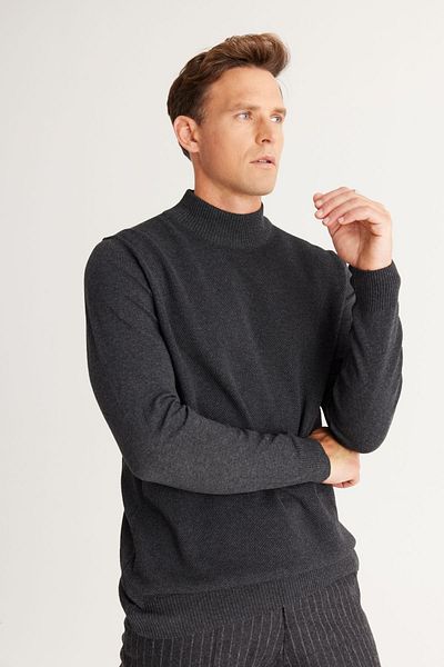 ALTINYILDIZ CLASSICS Men's Smoked Standard Fit Normal Cut Half Turtleneck Cotton Knitwear Sweater