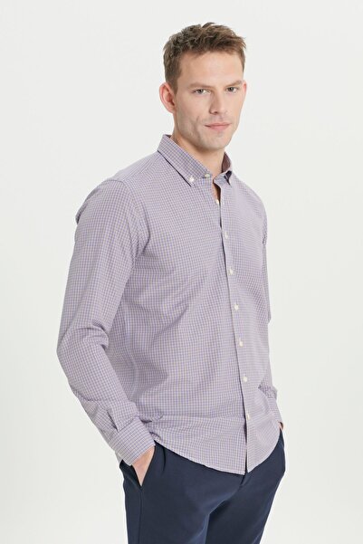 AC&Co / Altınyıldız Classics Erkek Hardal Slim Fit Dar Kesim Düğmeli Yaka Pamuklu Kareli Gömlek