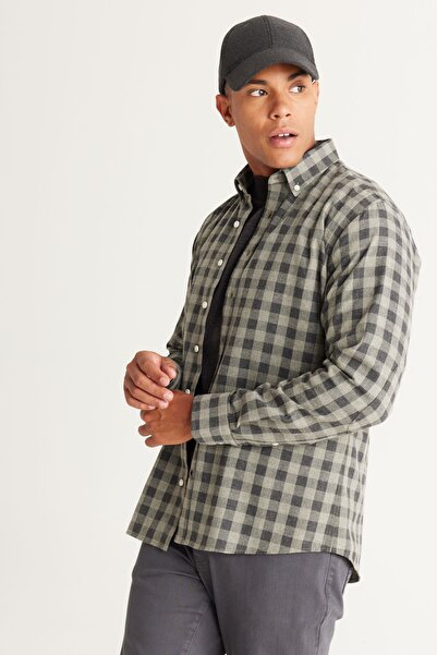 ALTINYILDIZ CLASSICS Men's Anthracite-Green Comfort Fit Relaxed Cut Buttoned Collar Checked Shirt