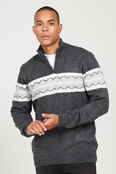 AC&Co / Altınyıldız Classics Men's Smoke-gray Standard Fit Regular Cut Stand Collar Wool Raised Soft Textured Knitwear Sweater