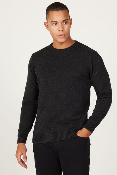 AC&Co / Altınyıldız Classics Men's Anthracite Wool Standard Fit Regular Cut Crew Neck Jacquard Knitwear Sweater