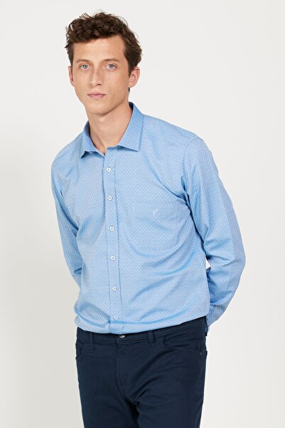AC&Co / Altınyıldız Classics Cămașă Dobby, din bumbac, cu guler clasic, cu tăietură îngustă, albastră