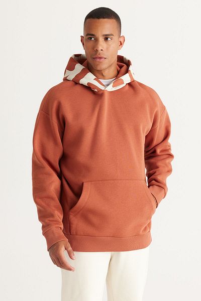 AC&Co / Altınyıldız Classics Ανδρικό ανοιχτό καφέ oversize φούτερ με κουκούλα, βαμβακερή κουκούλα και φλις εσωτερικά
