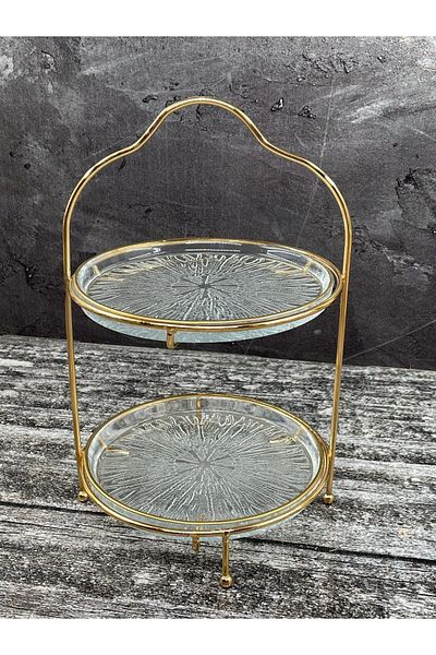 YzHome 2 Layer Gold Gilded Cookie Holder Presentation GLASS Pastry Plate Round 16cm