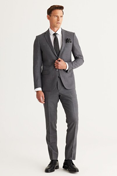 ALTINYILDIZ CLASSICS Erkek Gri Slim Fit Dar Kesim Mono Yaka Cordura Kumaş Yünlü Takım Elbise