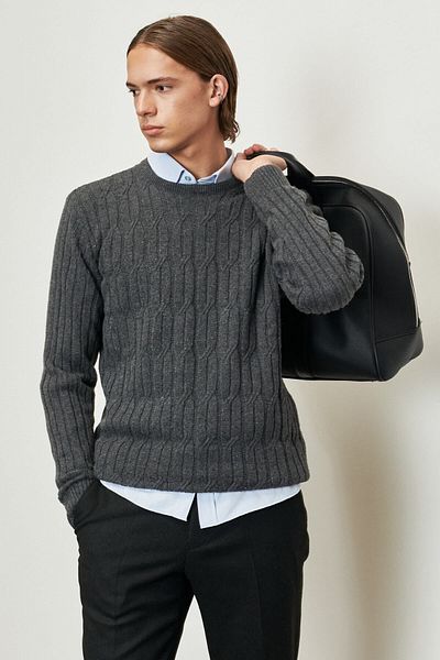 AC&Co / Altınyıldız Classics Men's Dark Gray Wool Standard Fit Regular Cut Crew Neck Jacquard Knitwear Sweater