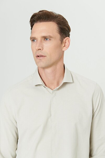 ALTINYILDIZ CLASSICS Men's Light Khaki Cotton Slim Fit Slim Fit Classic Collar Dobby Shirt