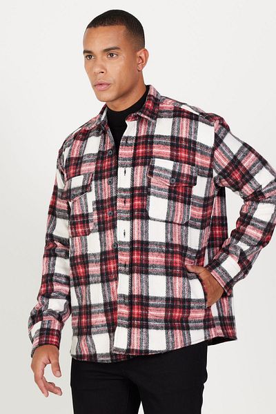 AC&Co / Altınyıldız Classics Ανδρικό εκρού κόκκινο Oversize Τσέπη γιακά με χαλαρή κοπή με καρό σχέδιο χειμωνιάτικο μπουφάν ξυλοκόπος