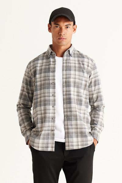 ALTINYILDIZ CLASSICS Men's Grey-White Slim Fit Slim Fit Buttoned Collar Cotton Plaid Patterned Flannel Lumberjack Shirt