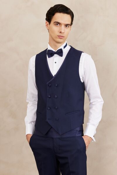 ALTINYILDIZ CLASSICS Men's Navy Blue Slim Fit Narrow Cut Mono Collar Patterned Vest Tuxedo Suit