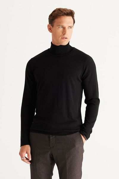 ALTINYILDIZ CLASSICS Schwarzer Herren-Strickpullover mit Standard-Passform und normalem Schnitt und durchgehendem Rollkragen