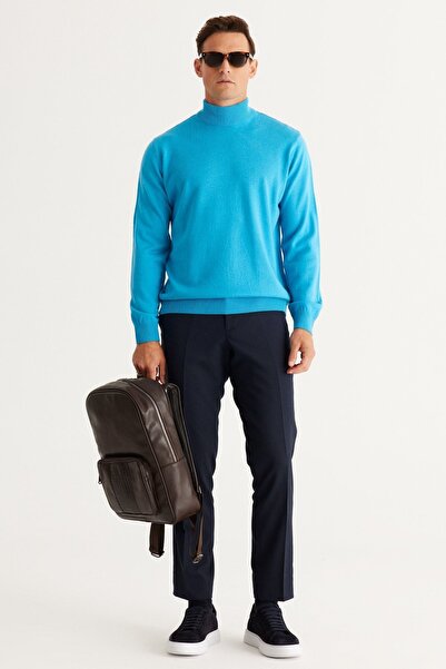 ALTINYILDIZ CLASSICS Men's Turquoise Non-Pilling Standard Fit Normal Cut Half Turtleneck Knitwear Sweater