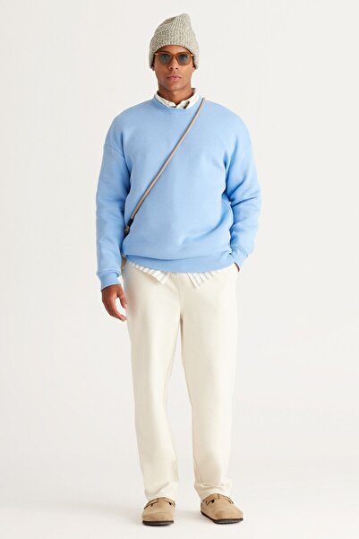 AC&Co / Altınyıldız Classics Pánská světle modrá fleecová oversize bavlněná mikina - Crew Neck 3 Thread