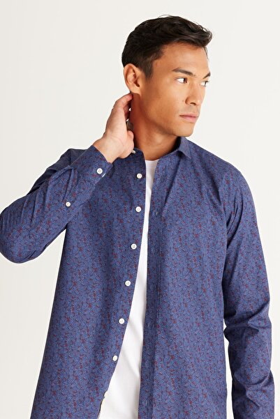 AC&Co / Altınyıldız Classics Férfi kék-bordó vörös karcsú, vékony szabású, kis olasz gallérral 100% pamut nyomott ing