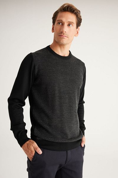 ALTINYILDIZ CLASSICS Herren-Jacquard-Strickpullover aus schwarzer Anthrazit-Wolle mit Standard-Passform und normaler Passform