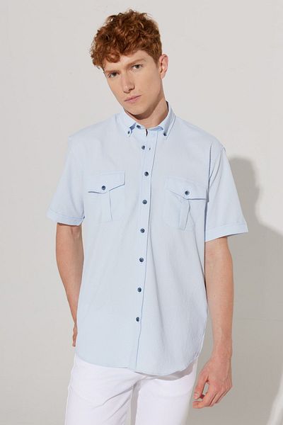 ALTINYILDIZ CLASSICS Men's Blue Comfort Fit - Relaxed Cut Button Collar Short Sleeve Pocket Shirt