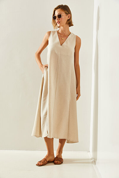 Bianco Lucci V-Neck Slit Linen Fr033 Basic Dress - Pocketed,60251435