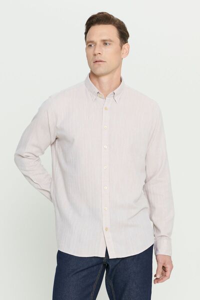 ALTINYILDIZ CLASSICS Бежева чоловіча сорочка - Comfort Fit, зручний крій, 100% бавовна, прихований комір на ґудзиках, з візерунком