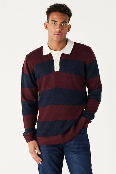AC&Co / Altınyıldız Classics Men's Burgundy-navy blue Standard Fit Regular Cut Polo Neck Ruffled Soft Textured Knitwear Sweater