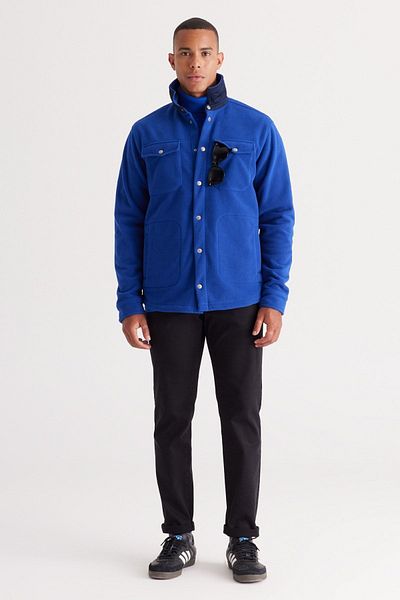 AC&Co / Altınyıldız Classics Saks-Marineblaue Standard-Fit-Fleecejacke für Herren mit normalem Schnitt und Hemdkragen und Tasche