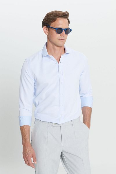 AC&Co / Altınyıldız Classics Cămașă Dobby pentru bărbați, albastră, slim fit, cu guler italian