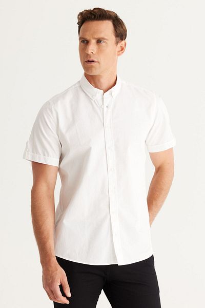 AC&Co / Altınyıldız Classics Λευκό λινό πουκάμισο Slim Fit - Slim Fit and Buttoned Collar