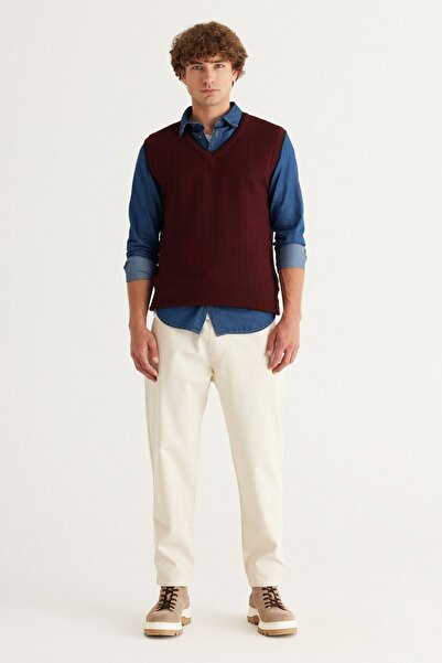 AC&Co / Altınyıldız Classics Men's Claret Red Standard Fit Regular Cut V-Neck Cotton Knitwear Sweater