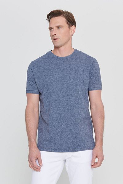 AC&Co / Altınyıldız Classics Marineblau meliertes Slim Fit Herren-T-Shirt aus Baumwolle mit Rundhalsausschnitt