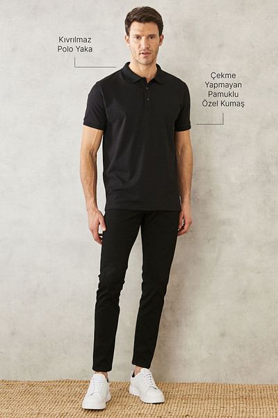 AC&Co / Altınyıldız Classics Slim Fit T-Shirt mit Polokragen für Herren in Tiefschwarz – nicht einlaufender Baumwollstoff