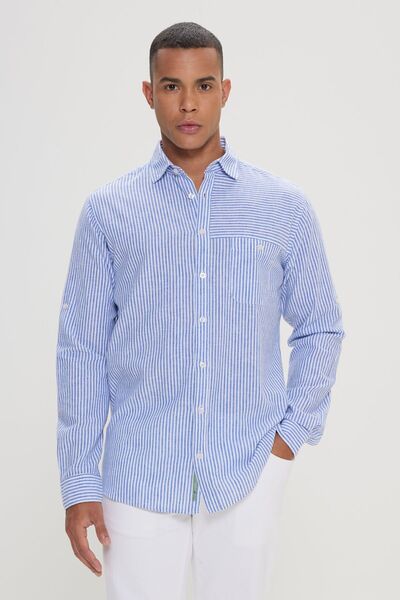 AC&Co / Altınyıldız Classics Ανδρικό πουκάμισο με ριγέ λινό μπλε-λευκό