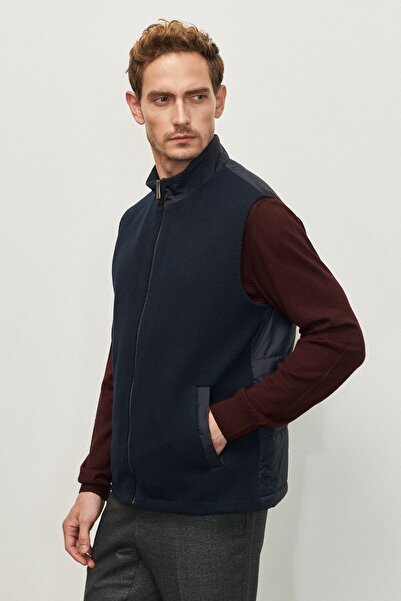 ALTINYILDIZ CLASSICS Navy Blue Patterned Stand Collar Men's Vest - Standard Fit