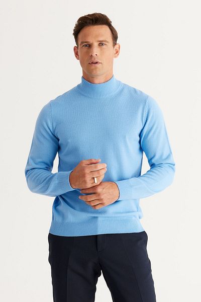 ALTINYILDIZ CLASSICS Hellblauer Strickpullover für Herren – pillingfrei, Standard-Passform, halber Rollkragen