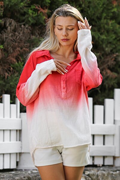 Chiccy Pomegranate Patterned - Long Sleeve Casual Blouse with Shirt Collar and Button Detail